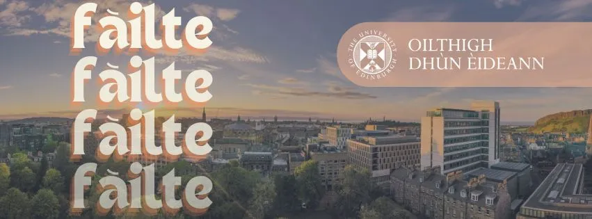 Fàilte banner over image of the city. 